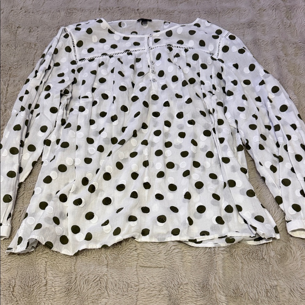 Talbots White Blouse with Green Polka Dots